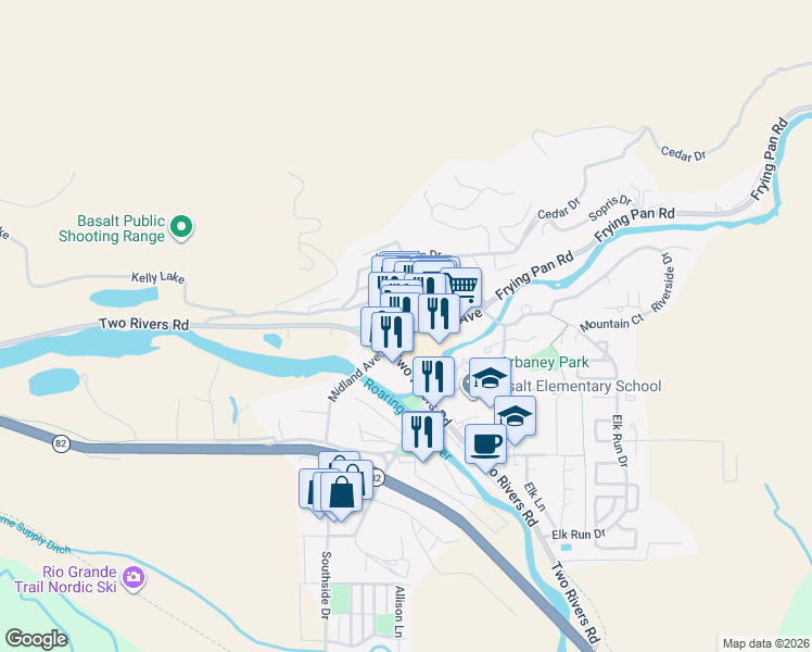map of restaurants, bars, coffee shops, grocery stores, and more near 231 Midland Avenue in Basalt
