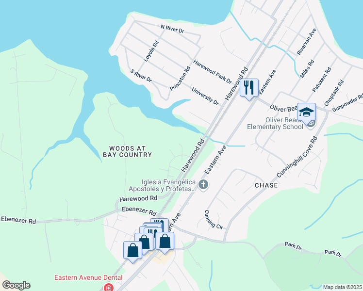 map of restaurants, bars, coffee shops, grocery stores, and more near 12844 Sand Dollar Way in Middle River