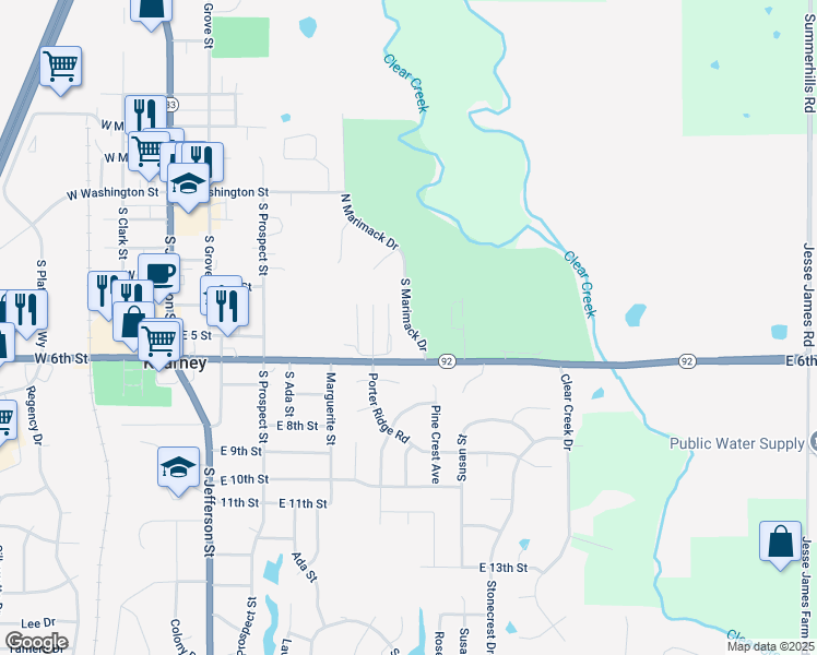 map of restaurants, bars, coffee shops, grocery stores, and more near 502 South Marimack Drive in Kearney
