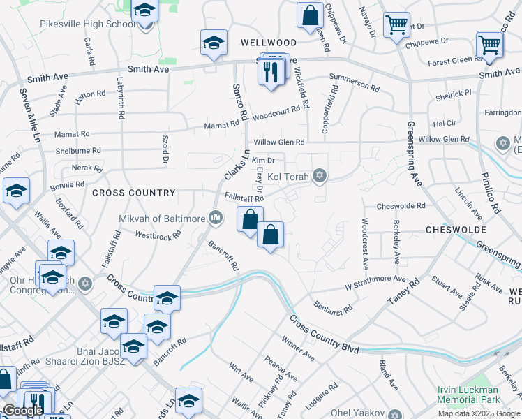 map of restaurants, bars, coffee shops, grocery stores, and more near 3031 Fallstaff Road in Baltimore