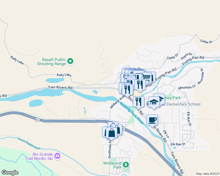 map of restaurants, bars, coffee shops, grocery stores, and more near 22826 2 Rivers Road in Basalt