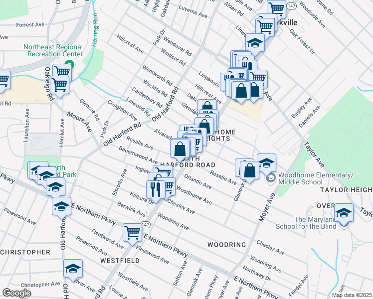 map of restaurants, bars, coffee shops, grocery stores, and more near 2917 Alvarado Square in Baltimore