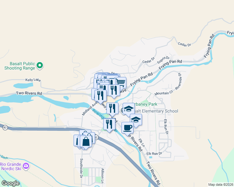 map of restaurants, bars, coffee shops, grocery stores, and more near 211 Midland Avenue in Basalt