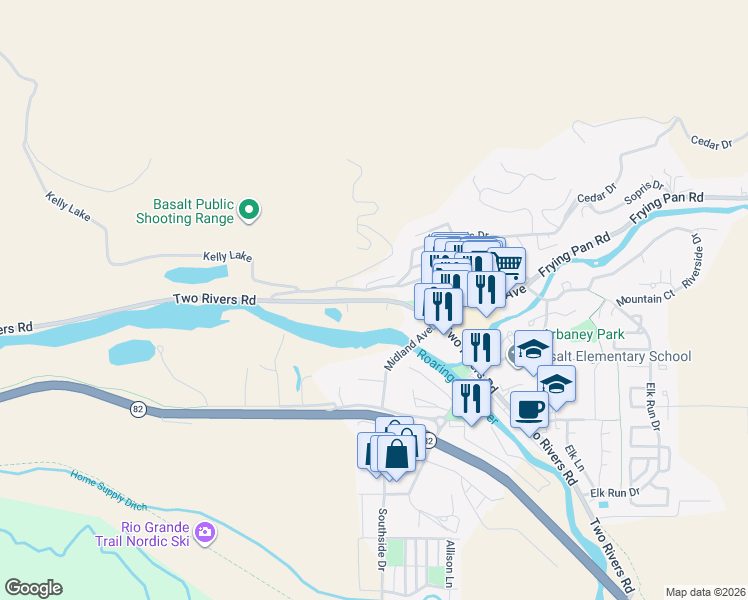 map of restaurants, bars, coffee shops, grocery stores, and more near 22837 2 Rivers Road in Basalt