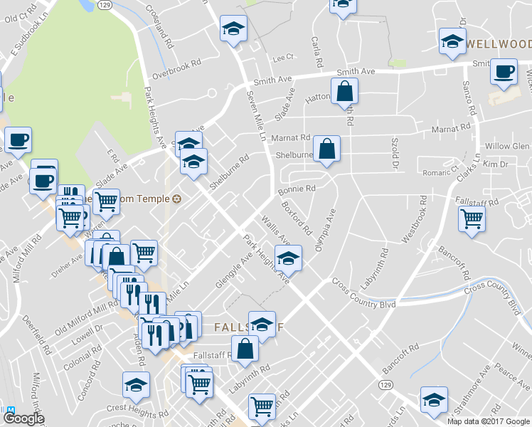 map of restaurants, bars, coffee shops, grocery stores, and more near 3505 Seven Mile Lane in Pikesville