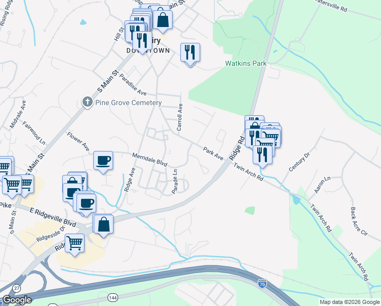 map of restaurants, bars, coffee shops, grocery stores, and more near 701 Merry Go Round Way in Mount Airy