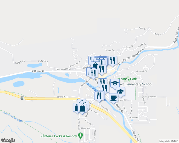 map of restaurants, bars, coffee shops, grocery stores, and more near 99 Midland Spur in Basalt