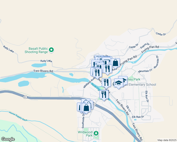 map of restaurants, bars, coffee shops, grocery stores, and more near 99 Midland Spur in Basalt