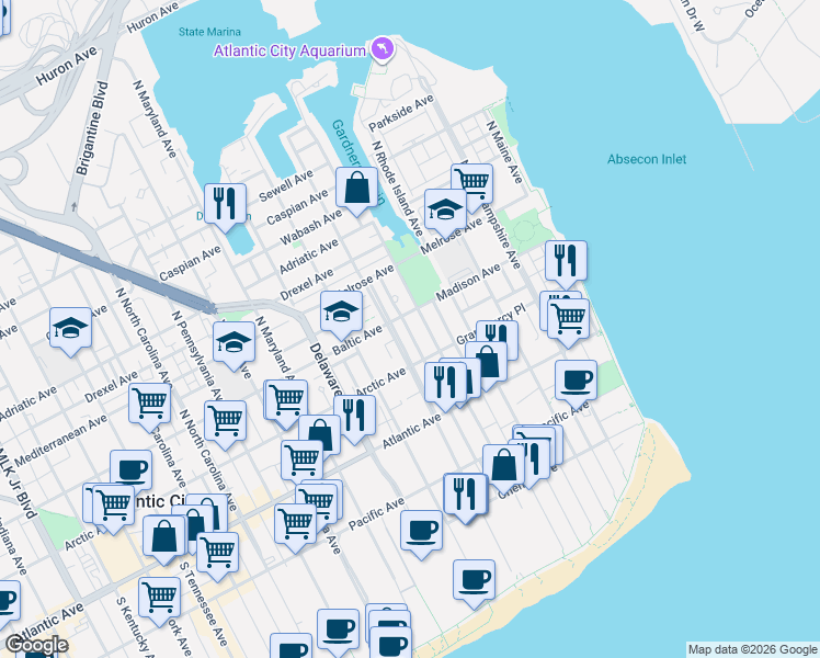 map of restaurants, bars, coffee shops, grocery stores, and more near 522 Madison Avenue in Atlantic City