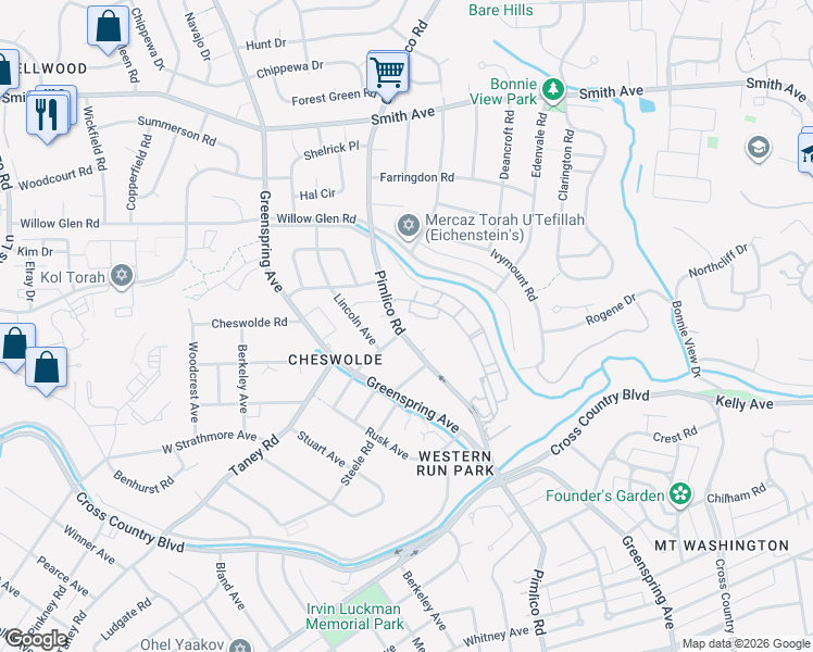 map of restaurants, bars, coffee shops, grocery stores, and more near 6119 Pimlico Road in Baltimore