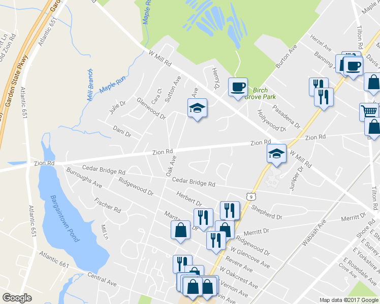 map of restaurants, bars, coffee shops, grocery stores, and more near 2218 Zion Road in Northfield