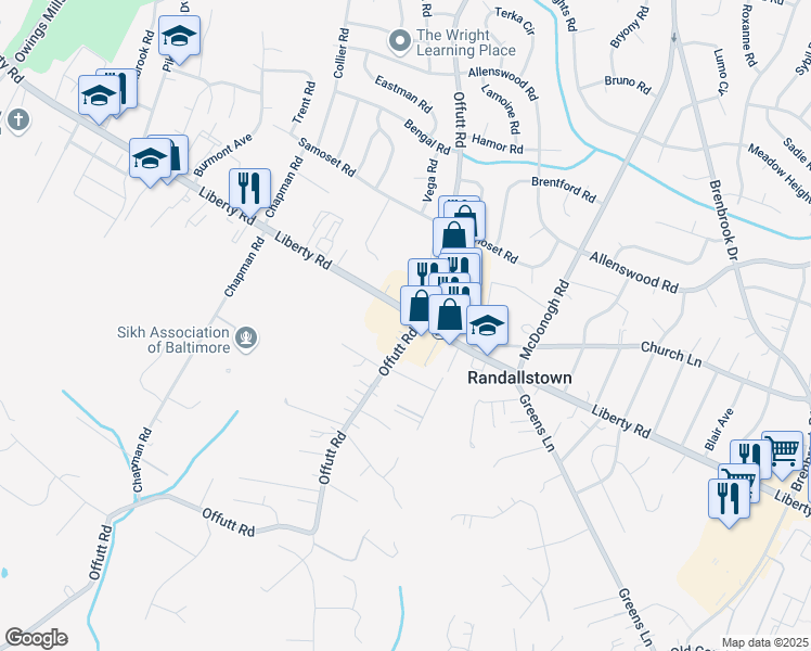 map of restaurants, bars, coffee shops, grocery stores, and more near 9101 Liberty Rd in Randallstown