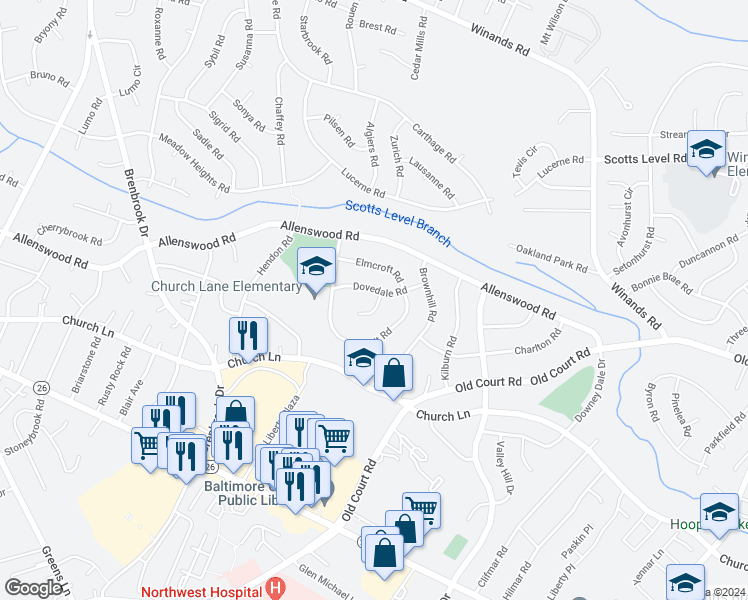 map of restaurants, bars, coffee shops, grocery stores, and more near 3812 Dovedale Court in Randallstown
