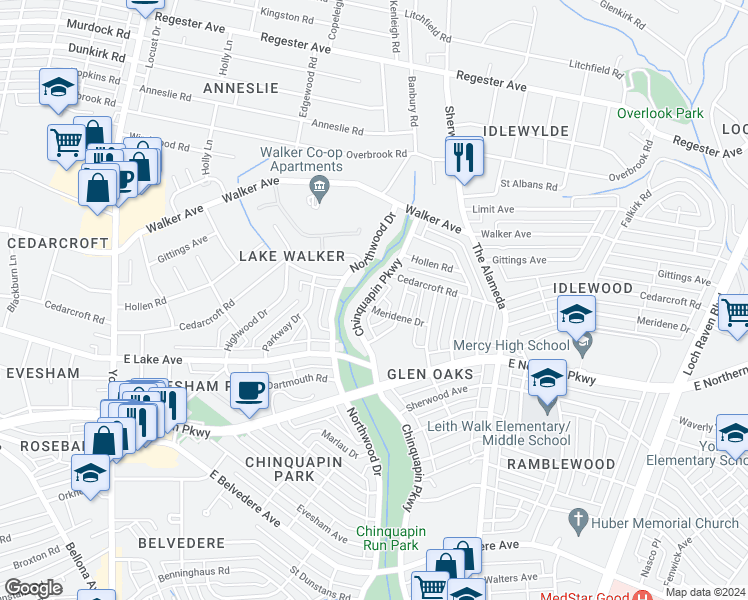 map of restaurants, bars, coffee shops, grocery stores, and more near 6141 Chinquapin Parkway in Baltimore