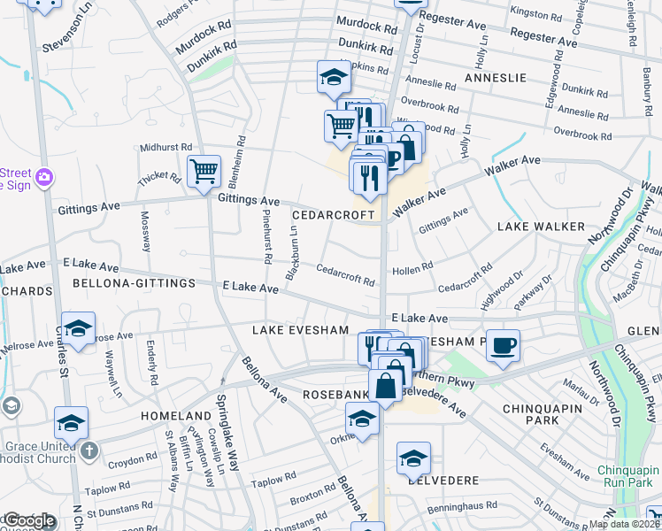 map of restaurants, bars, coffee shops, grocery stores, and more near 402 Cedarcroft Road in Baltimore