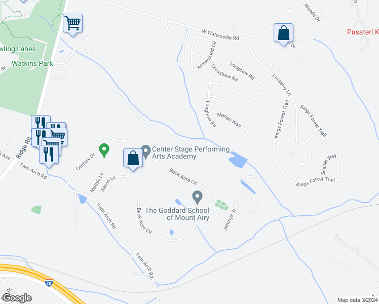 map of restaurants, bars, coffee shops, grocery stores, and more near 1715 Trestle Street in Mount Airy