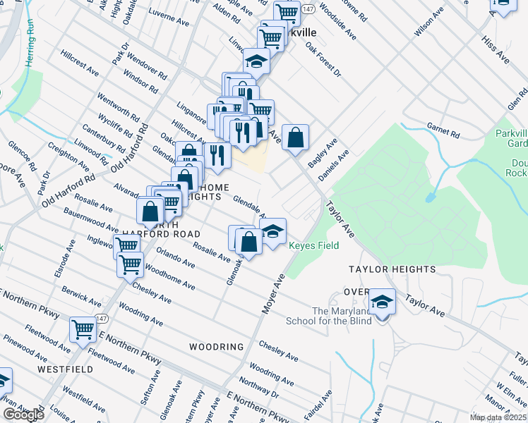 map of restaurants, bars, coffee shops, grocery stores, and more near 3206 Glendale Avenue in Baltimore