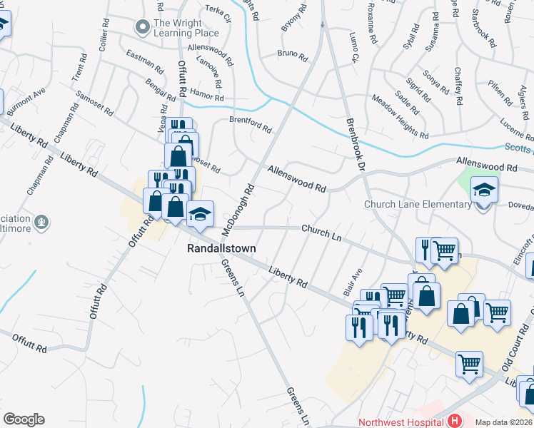 map of restaurants, bars, coffee shops, grocery stores, and more near 3713 Fieldstone Road in Randallstown