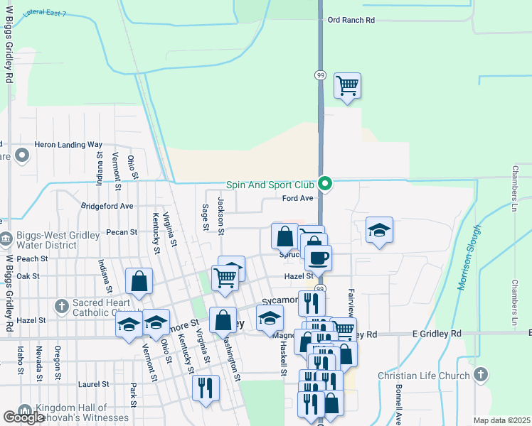 map of restaurants, bars, coffee shops, grocery stores, and more near 295 Ford Avenue in Gridley