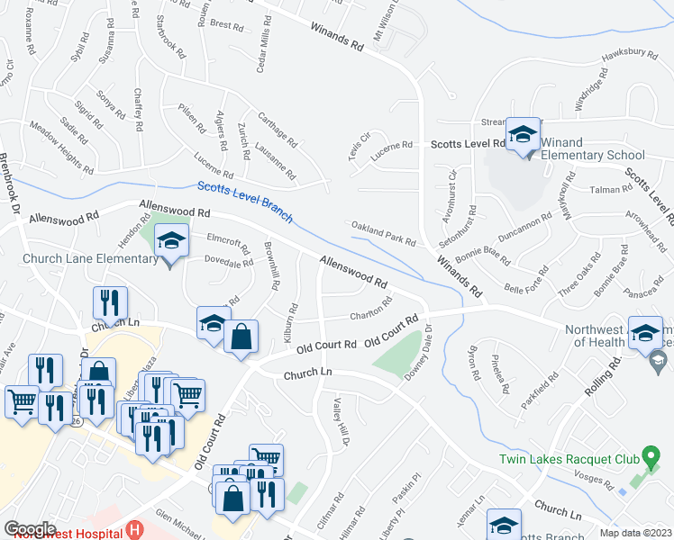 map of restaurants, bars, coffee shops, grocery stores, and more near 8435 Allenswood Road in Randallstown