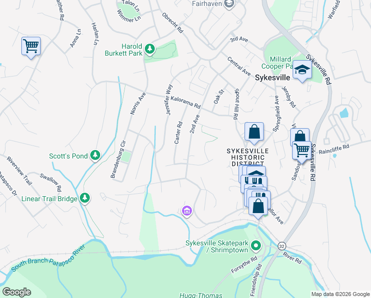 map of restaurants, bars, coffee shops, grocery stores, and more near 7420 2nd Avenue in Sykesville