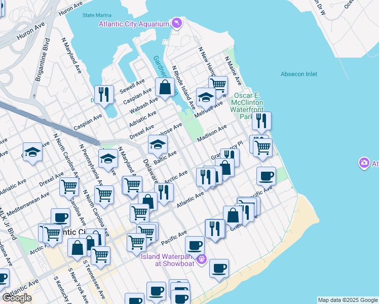 map of restaurants, bars, coffee shops, grocery stores, and more near 131 North Congress Avenue in Atlantic City