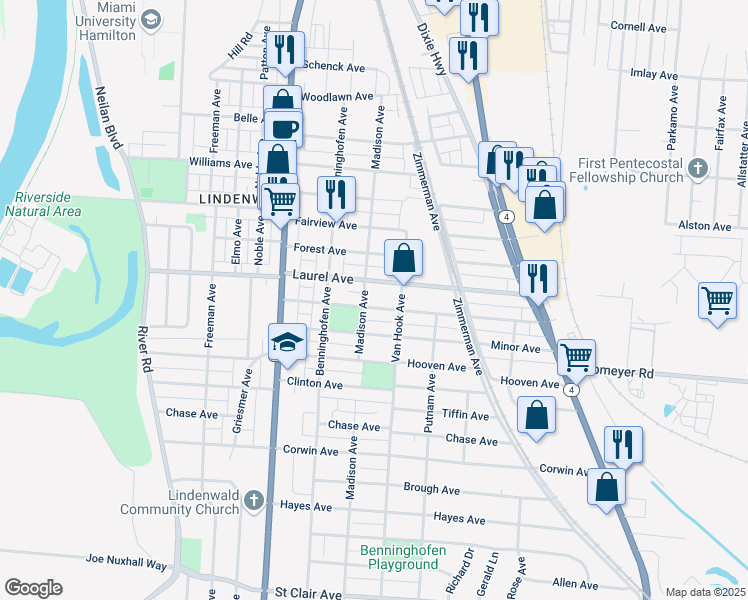 map of restaurants, bars, coffee shops, grocery stores, and more near 808 Weller Ave in Hamilton