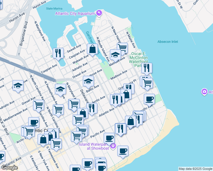 map of restaurants, bars, coffee shops, grocery stores, and more near 131 North Congress Avenue in Atlantic City