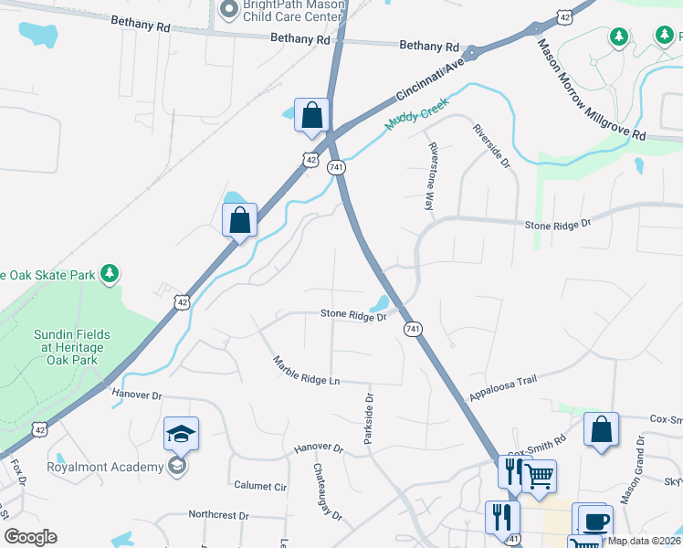 map of restaurants, bars, coffee shops, grocery stores, and more near 4702 Forest Ridge Dr in Mason
