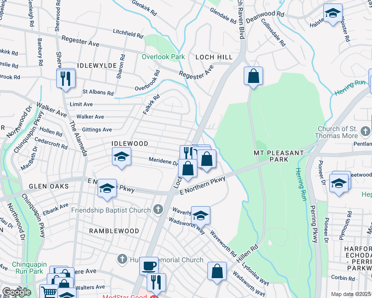 map of restaurants, bars, coffee shops, grocery stores, and more near 6200 Loch Raven Boulevard in Baltimore