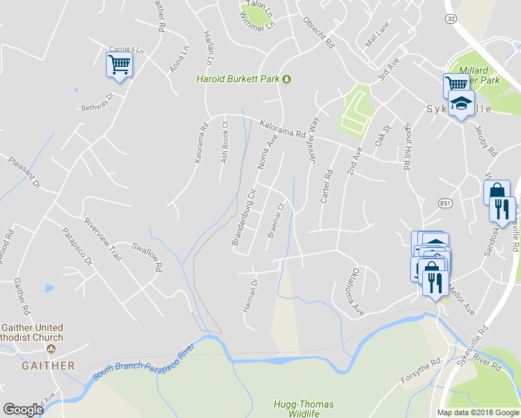 map of restaurants, bars, coffee shops, grocery stores, and more near 416 Hawkins Street in Sykesville