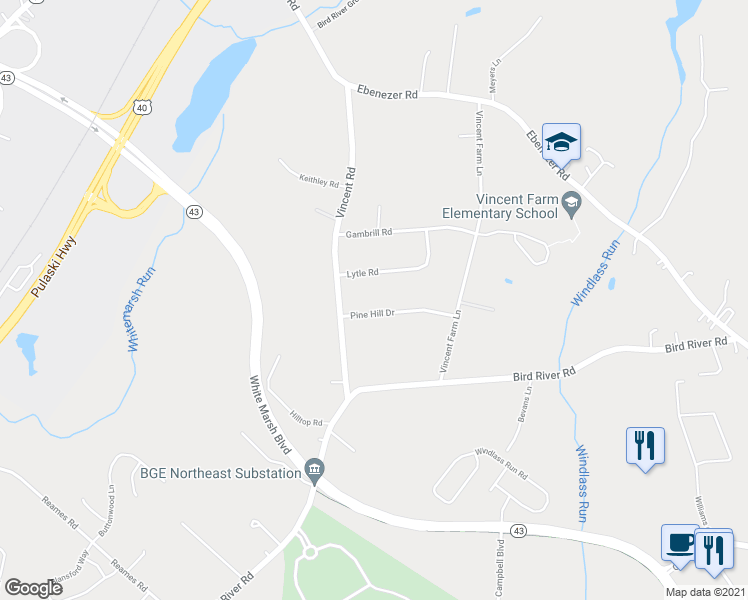 map of restaurants, bars, coffee shops, grocery stores, and more near 5802 Pine Hill Drive in White Marsh