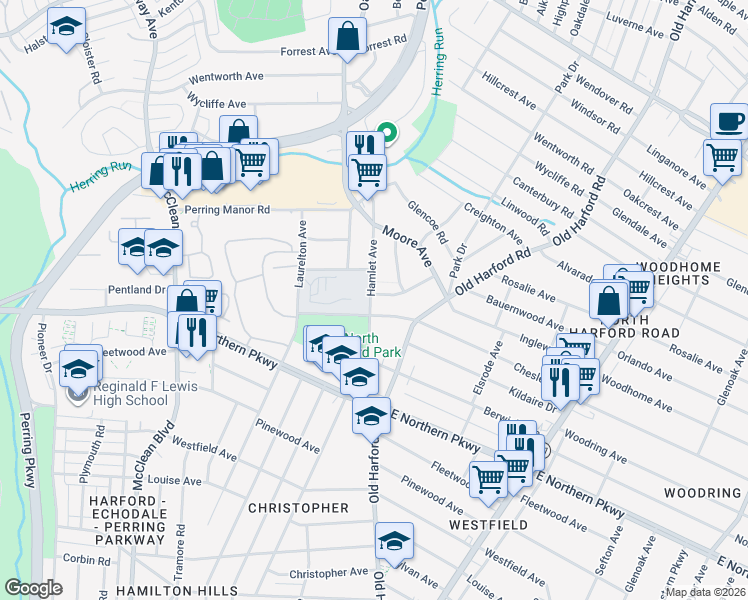 map of restaurants, bars, coffee shops, grocery stores, and more near 6901 Chambers Road in Baltimore