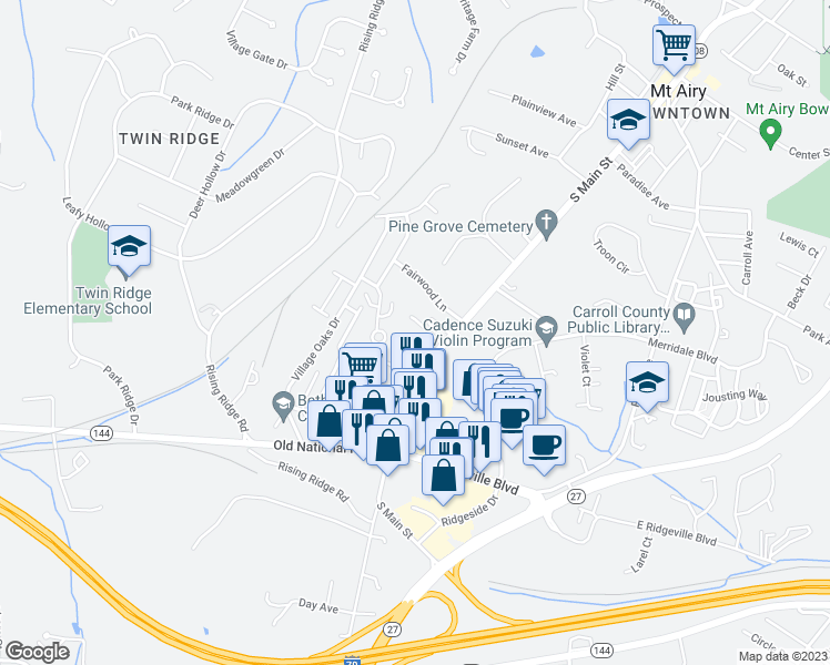 map of restaurants, bars, coffee shops, grocery stores, and more near 10 Grimes Court in Mount Airy