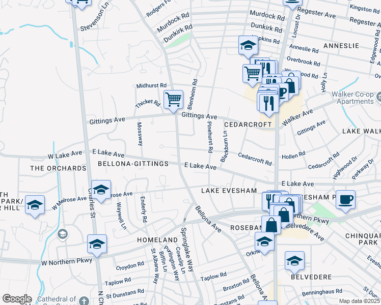 map of restaurants, bars, coffee shops, grocery stores, and more near 207 Cedarcroft Road in Baltimore