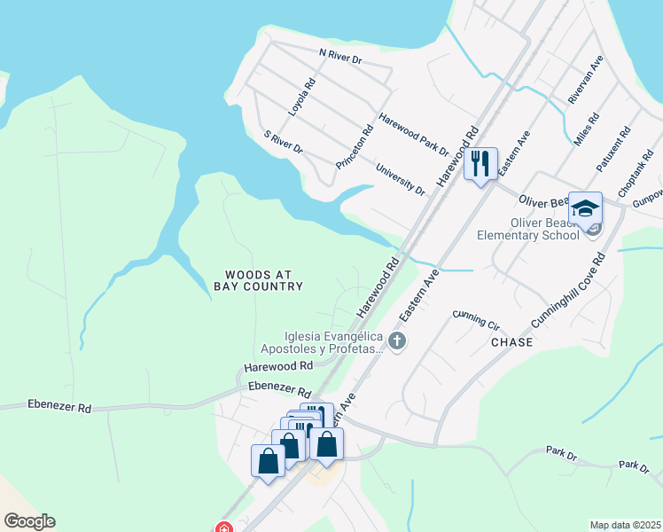 map of restaurants, bars, coffee shops, grocery stores, and more near 14 Shad Court in Middle River