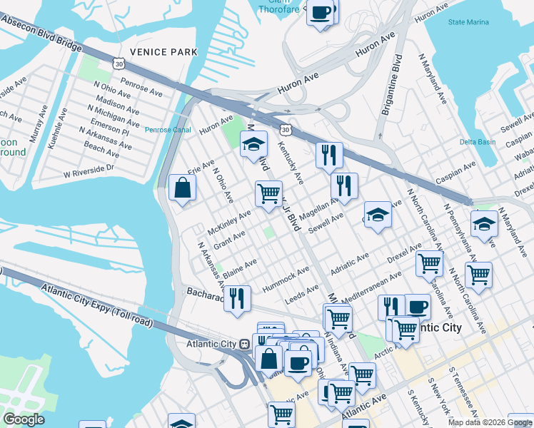 map of restaurants, bars, coffee shops, grocery stores, and more near 811 North Indiana Avenue in Atlantic City