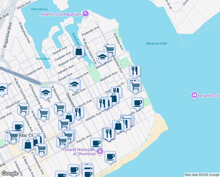 map of restaurants, bars, coffee shops, grocery stores, and more near 323 Grammercy Pl in Atlantic City