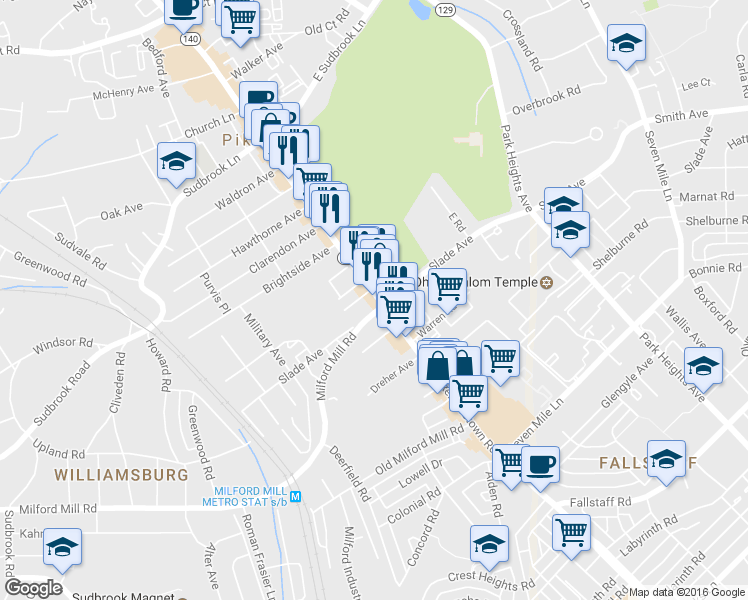 map of restaurants, bars, coffee shops, grocery stores, and more near 600 Reisterstown Road in Pikesville