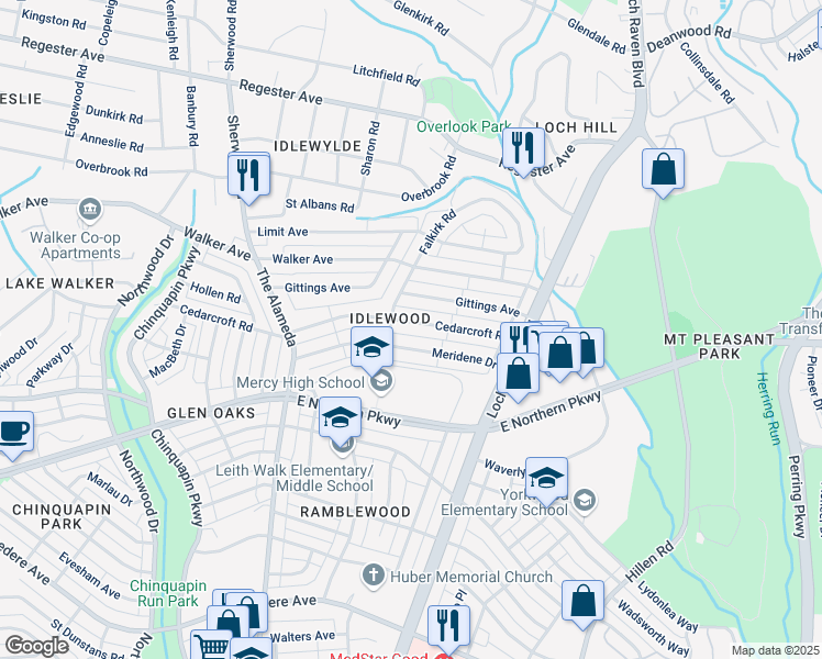 map of restaurants, bars, coffee shops, grocery stores, and more near 1317 Cedarcroft Road in Baltimore