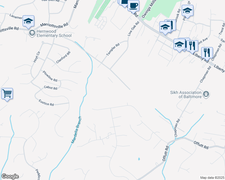 map of restaurants, bars, coffee shops, grocery stores, and more near 3519 Seapines Circle in Randallstown