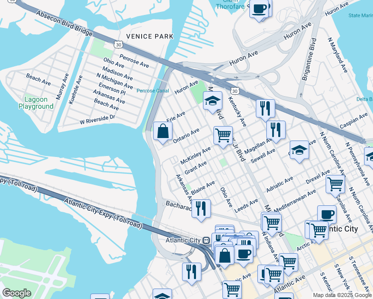 map of restaurants, bars, coffee shops, grocery stores, and more near 1019 North Michigan Avenue in Atlantic City