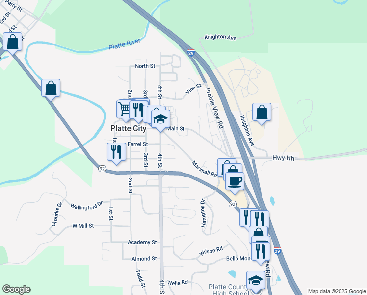 map of restaurants, bars, coffee shops, grocery stores, and more near 2 Marshall Road in Platte City