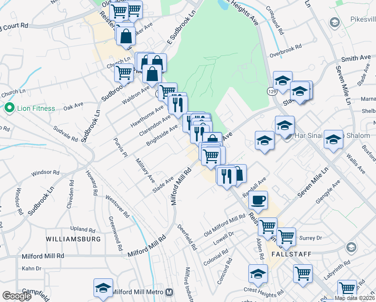 map of restaurants, bars, coffee shops, grocery stores, and more near 8 Irving Place in Pikesville