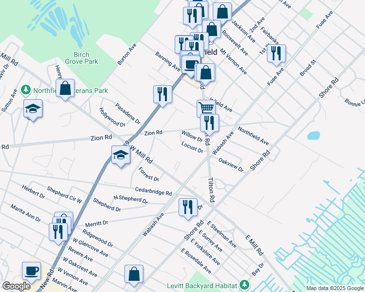 map of restaurants, bars, coffee shops, grocery stores, and more near 19 Locust Drive in Northfield