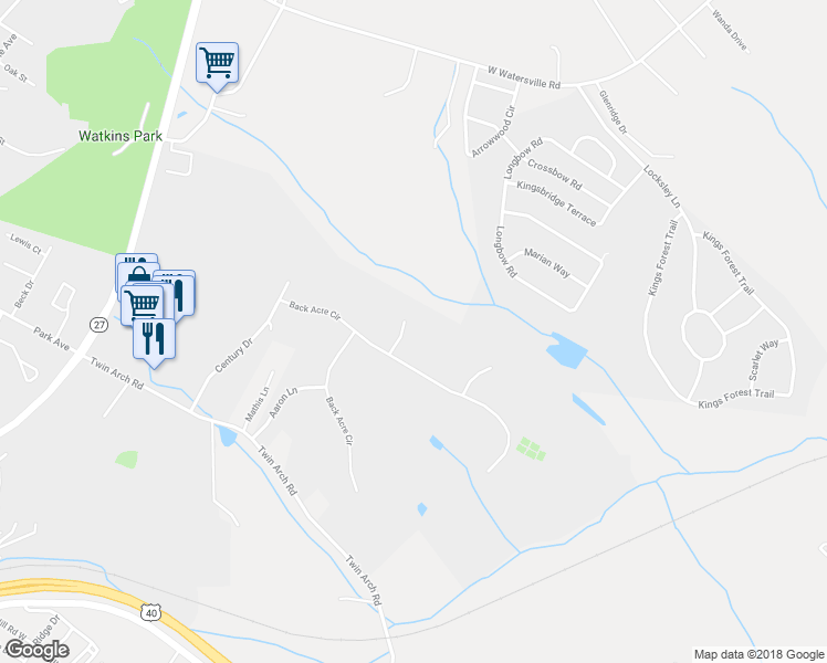 map of restaurants, bars, coffee shops, grocery stores, and more near 1608 Trestle Street in Mount Airy