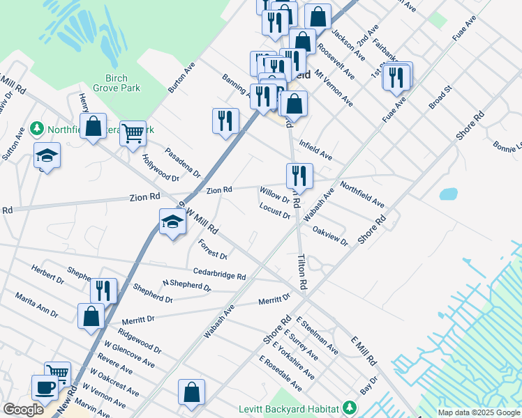 map of restaurants, bars, coffee shops, grocery stores, and more near 19 Locust Drive in Northfield