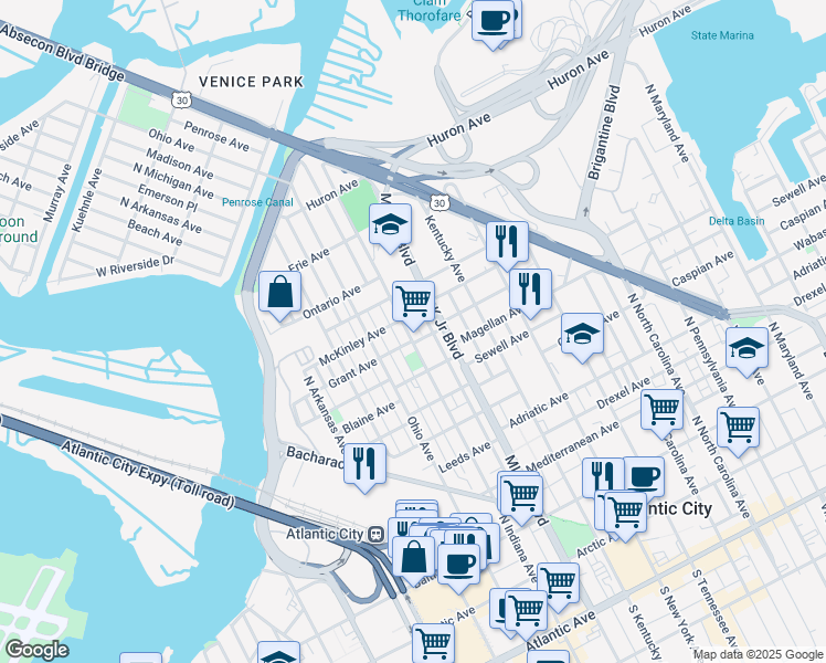 map of restaurants, bars, coffee shops, grocery stores, and more near 811 North Indiana Avenue in Atlantic City