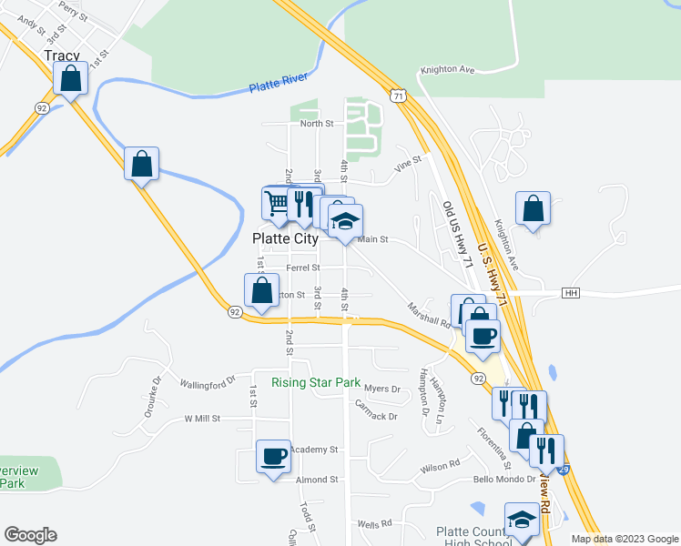 map of restaurants, bars, coffee shops, grocery stores, and more near 321 Ferrel Street in Platte City