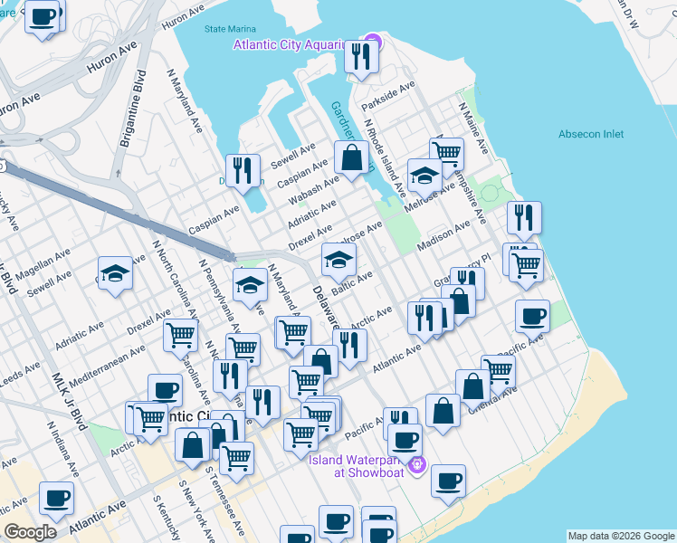 map of restaurants, bars, coffee shops, grocery stores, and more near 640 Lexington Avenue in Atlantic City